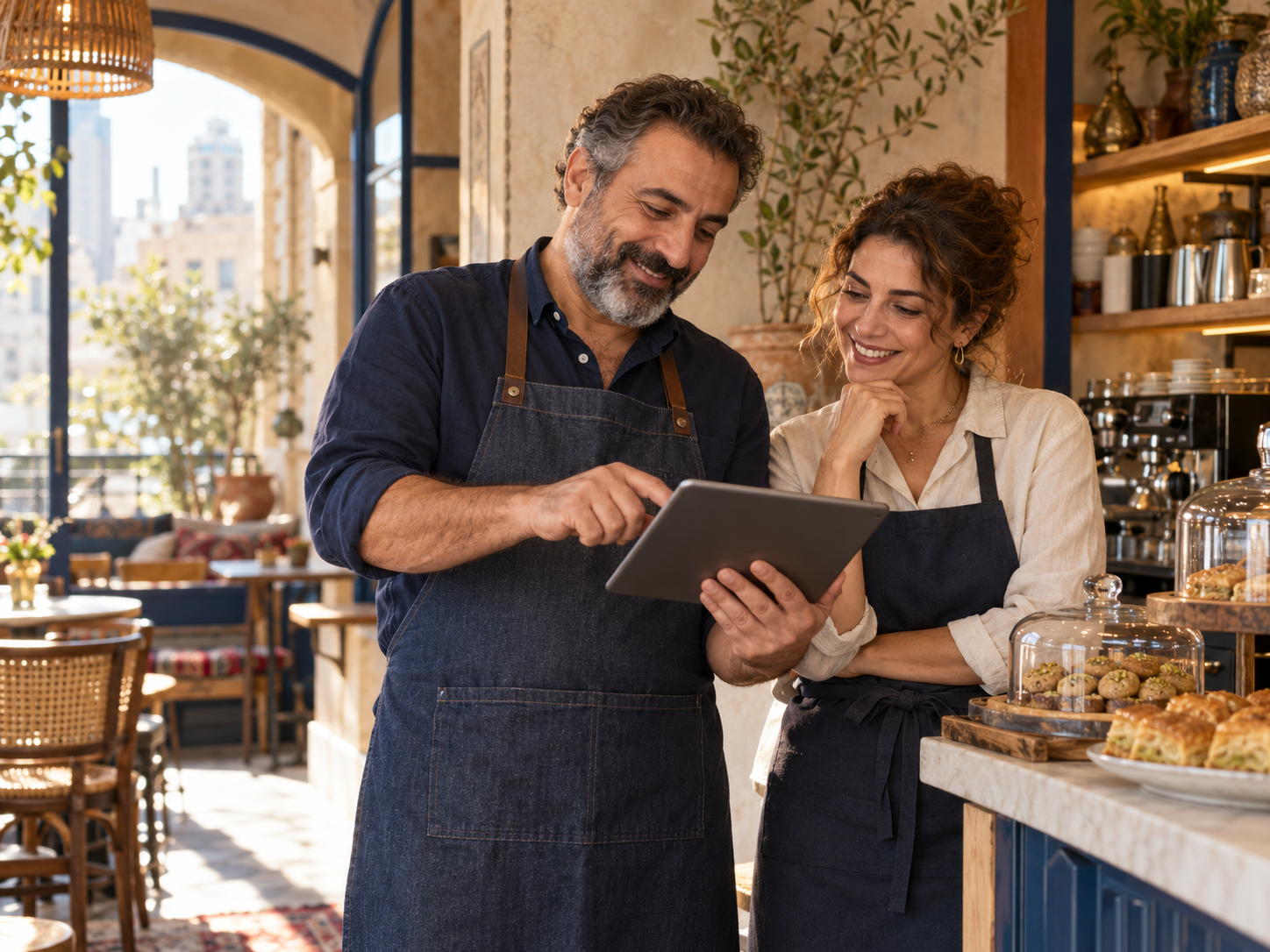 Two small business owners reviewing a tablet